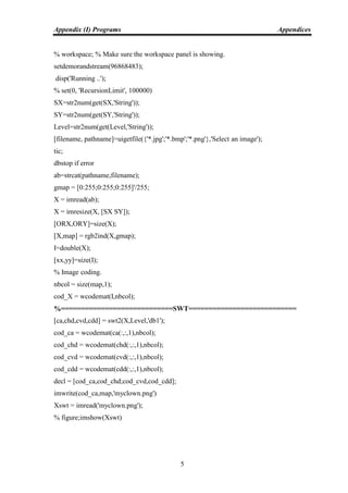 Appendix (I) Programs Appendices
5
% workspace; % Make sure the workspace panel is showing.
setdemorandstream(96868483);
disp('Running ..');
% set(0, 'RecursionLimit', 100000)
SX=str2num(get(SX,'String'));
SY=str2num(get(SY,'String'));
Level=str2num(get(Level,'String'));
[filename, pathname]=uigetfile({'*.jpg';'*.bmp';'*.png'},'Select an image');
tic;
dbstop if error
ab=strcat(pathname,filename);
gmap = [0:255;0:255;0:255]'/255;
X = imread(ab);
X = imresize(X, [SX SY]);
[ORX,ORY]=size(X);
[X,map] = rgb2ind(X,gmap);
I=double(X);
[xx,yy]=size(I);
% Image coding.
nbcol = size(map,1);
cod_X = wcodemat(I,nbcol);
%============================SWT===========================
[ca,chd,cvd,cdd] = swt2(X,Level,'db1');
cod_ca = wcodemat(ca(:,:,1),nbcol);
cod_chd = wcodemat(chd(:,:,1),nbcol);
cod_cvd = wcodemat(cvd(:,:,1),nbcol);
cod_cdd = wcodemat(cdd(:,:,1),nbcol);
decl = [cod_ca,cod_chd;cod_cvd,cod_cdd];
imwrite(cod_ca,map,'myclown.png')
Xswt = imread('myclown.png');
% figure;imshow(Xswt)
 