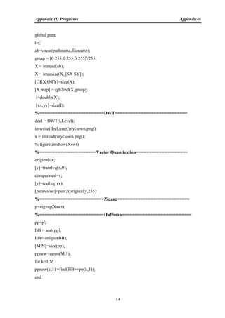 Appendix (I) Programs Appendices
14
global para;
tic;
ab=strcat(pathname,filename);
gmap = [0:255;0:255;0:255]'/255;
X = imread(ab);
X = imresize(X, [SX SY]);
[ORX,ORY]=size(X);
[X,map] = rgb2ind(X,gmap);
I=double(X);
[xx,yy]=size(I);
%=========================DWT============================
decl = DWT(I,Level);
imwrite(decl,map,'myclown.png')
x = imread('myclown.png');
% figure;imshow(Xswt)
%======================Vector Quantization====================
original=x;
[v]=trainlvq(x,0);
compressed=v;
[y]=testlvq1(x);
[psnrvalue]=psnr2(original,y,255)
%=========================Zigzag============================
p=zigzag(Xswt);
%=========================Huffman===========================
pp=p';
BB = sort(pp);
BB= unique(BB);
[M N]=size(pp);
ppnew=zeros(M,1);
for k=1:M
ppnew(k,1) =find(BB==pp(k,1));
end
 