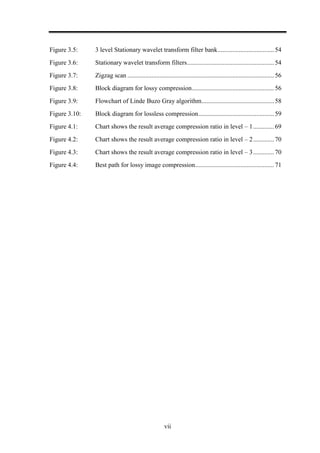 vii
Figure 3.5: 3 level Stationary wavelet transform filter bank...................................54
Figure 3.6: Stationary wavelet transform filters......................................................54
Figure 3.7: Zigzag scan ...........................................................................................56
Figure 3.8: Block diagram for lossy compression...................................................56
Figure 3.9: Flowchart of Linde Buzo Gray algorithm.............................................58
Figure 3.10: Block diagram for lossless compression...............................................59
Figure 4.1: Chart shows the result average compression ratio in level – 1.............69
Figure 4.2: Chart shows the result average compression ratio in level – 2.............70
Figure 4.3: Chart shows the result average compression ratio in level – 3.............70
Figure 4.4: Best path for lossy image compression.................................................71
 