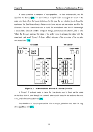Chapter 2 Background and Literature Review
14
A vector quantizer is composed of two operations. The first is the encoder, and the
second is the decoder [24]. The encoder takes an input vector and outputs the index of the
code word that offers the lowest distortion. In this case the lowest distortion is found by
evaluating the Euclidean distance between the input vector and each code word in the
codebook. Once the closest code word is found, the index of that code word is sent through
a channel (the channel could be computer storage, communications channel, and so on).
When the decoder receives the index of the code word, it replaces the index with the
associated code word. Figure 2.3 shows a block diagram of the operation of the encoder
and the decoder [21].
Figure 2.3: The Encoder and decoder in a vector quantizer
In Figure 2.3, an input vector is given, the closest code word is found and the index
of the code word is sent through the channel. The decoder receives the index of the code
word, and outputs the code word [21].
The drawback of vector quantization, this technique generates code book in very
slow speed than bpp [25].
 