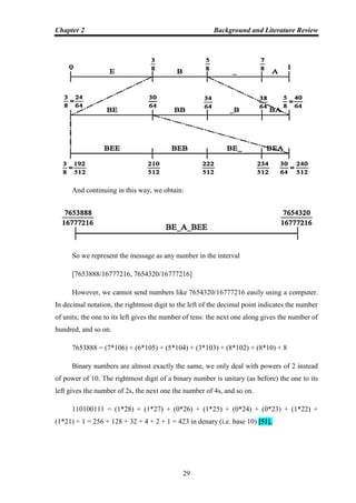 Chapter 2 Background and Literature Review
29
And continuing in this way, we obtain:
So we represent the message as any number in the interval
[7653888/16777216, 7654320/16777216]
However, we cannot send numbers like 7654320/16777216 easily using a computer.
In decimal notation, the rightmost digit to the left of the decimal point indicates the number
of units; the one to its left gives the number of tens: the next one along gives the number of
hundred, and so on.
7653888 = (7*106) + (6*105) + (5*104) + (3*103) + (8*102) + (8*10) + 8
Binary numbers are almost exactly the same, we only deal with powers of 2 instead
of power of 10. The rightmost digit of a binary number is unitary (as before) the one to its
left gives the number of 2s, the next one the number of 4s, and so on.
110100111 = (1*28) + (1*27) + (0*26) + (1*25) + (0*24) + (0*23) + (1*22) +
(1*21) + 1 = 256 + 128 + 32 + 4 + 2 + 1 = 423 in denary (i.e. base 10) [51].
 