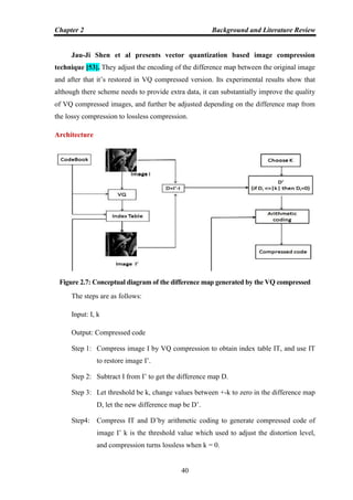 Chapter 2 Background and Literature Review
40
Jau-Ji Shen et al presents vector quantization based image compression
technique [53]. They adjust the encoding of the difference map between the original image
and after that it‟s restored in VQ compressed version. Its experimental results show that
although there scheme needs to provide extra data, it can substantially improve the quality
of VQ compressed images, and further be adjusted depending on the difference map from
the lossy compression to lossless compression.
Architecture
Figure 2.7: Conceptual diagram of the difference map generated by the VQ compressed
The steps are as follows:
Input: I, k
Output: Compressed code
Step 1: Compress image I by VQ compression to obtain index table IT, and use IT
to restore image I‟.
Step 2: Subtract I from I‟ to get the difference map D.
Step 3: Let threshold be k, change values between +-k to zero in the difference map
D, let the new difference map be D‟.
Step4: Compress IT and D‟by arithmetic coding to generate compressed code of
image I‟ k is the threshold value which used to adjust the distortion level,
and compression turns lossless when k = 0.
 