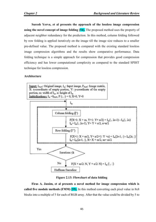 Chapter 2 Background and Literature Review
46
Suresh Yerva, et al presents the approach of the lossless image compression
using the novel concept of image folding [54]. The proposed method uses the property of
adjacent neighbor redundancy for the prediction. In this method, column folding followed
by row folding is applied iteratively on the image till the image size reduces to a smaller
pre-defined value. The proposed method is compared with the existing standard lossless
image compression algorithms and the results show comparative performance. Data
folding technique is a simple approach for compression that provides good compression
efficiency and has lower computational complexity as compared to the standard SPIHT
technique for lossless compression.
Architecture
Figure 2.13: Flowchart of data folding
Firas A. Jassim, et al presents a novel method for image compression which is
called five module methods (FMM) [55]. In this method converting each pixel value in 8x8
blocks into a multiple of 5 for each of RGB array. After that the value could be divided by 5 to
 