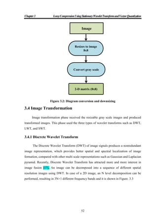 Chapter3 LossyCompressionUsingStationaryWaveletTransformandVectorQuantization
52
Figure 3.2: Diagram conversion and downsizing
3.4 Image Transformation
Image transformation phase received the resizable gray scale images and produced
transformed images. This phase used the three types of wavelet transforms such as DWT,
LWT, and SWT.
3.4.1 Discrete Wavelet Transform
The Discrete Wavelet Transform (DWT) of image signals produces a nonredundant
image representation, which provides better spatial and spectral localization of image
formation, compared with other multi scale representations such as Gaussian and Laplacian
pyramid. Recently, Discrete Wavelet Transform has attracted more and more interest in
image fusion [17]. An image can be decomposed into a sequence of different spatial
resolution images using DWT. In case of a 2D image, an N level decomposition can be
performed, resulting in 3N+1 different frequency bands and it is shown in Figure. 3.3
Resizes to image
8x8
Image
2-D matrix (8x8)
Convert gray scale
 