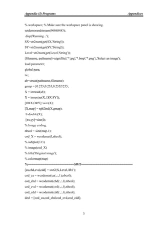 Appendix (I) Programs Appendices
3
% workspace; % Make sure the workspace panel is showing.
setdemorandstream(96868483);
disp('Running ..');
SX=str2num(get(SX,'String'));
SY=str2num(get(SY,'String'));
Level=str2num(get(Level,'String'));
[filename, pathname]=uigetfile({'*.jpg';'*.bmp';'*.png'},'Select an image');
load parameter;
global para;
tic;
ab=strcat(pathname,filename);
gmap = [0:255;0:255;0:255]'/255;
X = imread(ab);
X = imresize(X, [SX SY]);
[ORX,ORY]=size(X);
[X,map] = rgb2ind(X,gmap);
I=double(X);
[xx,yy]=size(I);
% Image coding.
nbcol = size(map,1);
cod_X = wcodemat(I,nbcol);
% subplot(333)
% image(cod_X)
% title('Original image');
% colormap(map)
%=========================SWT============================
[ca,chd,cvd,cdd] = swt2(X,Level,'db1');
cod_ca = wcodemat(ca(:,:,1),nbcol);
cod_chd = wcodemat(chd(:,:,1),nbcol);
cod_cvd = wcodemat(cvd(:,:,1),nbcol);
cod_cdd = wcodemat(cdd(:,:,1),nbcol);
decl = [cod_ca,cod_chd;cod_cvd,cod_cdd];
 