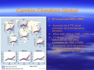   Cambio Climático Global En el período1906 y 2005: Aumento de 0.7ªC en el promedio de la temperatura terrestre. Años más cálidos 1998 y 2005. 11 de los 12 años más calurosos en 100 años ocurrieron de 1995 a 2006. Incremento de la temperatura en las ciudades y zonas urbanas “efecto isla de calor urbano”. 
