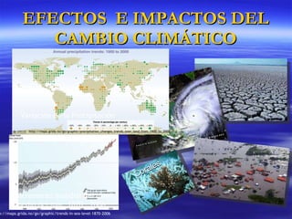 EFECTOS  E IMPACTOS DEL CAMBIO CLIMÁTICO Incremento mundial del nivel medio del mar  1870 - 2006 Variación de la Precipitación Corales http://maps.grida.no/go/graphic/precipitation_changes_trends_over_land_from_1900_to_2000 http://maps.grida.no/go/graphic/trends-in-sea-level-1870-2006 