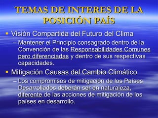 TEMAS DE INTERES DE LA POSICIÓN PAÍS Visión Compartida del Futuro del Clima Mantener el Principio consagrado dentro de la Convención de las  Responsabilidades Comunes pero diferenciadas  y dentro de sus respectivas capacidades. Mitigación Causas del Cambio Climático Los compromisos de mitigación de los Países Desarrollados  deberán ser en naturaleza, diferente  de las acciones de mitigación de los países en desarrollo. 