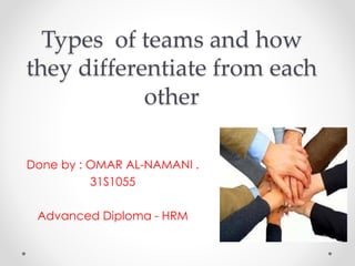 Types of teams and how
they differentiate from each
other
Done by : OMAR AL-NAMANI .
31S1055
Advanced Diploma - HRM
 