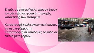 Ζημιές σε επιχειρήσεις, εφόσον έχουν
τοποθετηθεί σε φυσικές περιοχές
κατάκλισης των ποταμών.
Καταστροφή καλλιεργιών γιατί κάνουν
τη γη ανεφάρμοστη.
Καταστροφές σε υποδομές δηλαδή σε
δίκτυα μεταφορών.
 