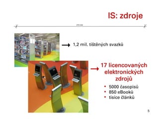 IS: zdroje
 210 mm




1,2 mil. tištěných svazků



             17 licencovaných
              elektronických
                    zdrojů
              • 5000 časopisů
              • 850 eBooků
              • tisíce článků

                                5
 