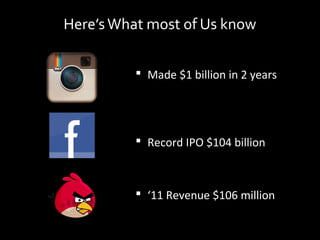 Here’s What most of Us know


           Made $1 billion in 2 years




           Record IPO $104 billion



           ‘11 Revenue $106 million
 