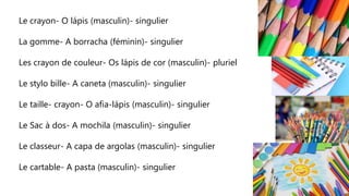 Le crayon- O lápis (masculin)- singulier
La gomme- A borracha (féminin)- singulier
Les crayon de couleur- Os lápis de cor (masculin)- pluriel
Le stylo bille- A caneta (masculin)- singulier
Le taille- crayon- O afia-lápis (masculin)- singulier
Le Sac à dos- A mochila (masculin)- singulier
Le classeur- A capa de argolas (masculin)- singulier
Le cartable- A pasta (masculin)- singulier
 