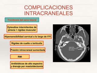 COMPLICACIONES
INTRACRANEALES
Trombosis del seno lateral
Episodios intermitentes de
pirexia + rigidez muscular
Rigidez de cuello o tortículis
Hipersensibilidad cervical a lo largo de VYI
Presión intracraneal aumentada
RMI
Antibióticos de alto espectro
y drenaje por mastoidectomia
 