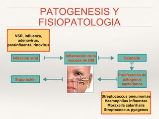 PATOGENESIS Y
FISIOPATOLOGIA
Supuración
Inflamación de la
mucosa de OM
Exudado
Proliferación de
patógenos
bacterianos
Infección viral
Streptococcus pneumoniae
Haemophilus influenzae
Moraxella catarrhalis
Streptococcus pyogenes
VSR, influenza,
adenovirus,
parainfluenza, rinovirus
 