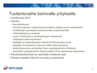 Tuotantovaihe toimivalle yritykselle
• Huhtikuussa 2013
• Palvelut
 -   Neuvotteluhuone
 -   Toimivan yrityksen Liiketoimintasuunnitelma- työkalu ja sen kommentointi
 -   Profiilitietojen perusteella mukautuva tieto- ja palvelusisältö
 -   Tehtäväluettelo ja vuosikello
 -   Lupien, ilmoitusten ja asiointipalvelujen hakupalvelu
 -   Tiedostojen tallennuspalvelun
 -   Käyttäjien ja käyttöoikeuksien hallinta KATSO-palvelun avulla
 -   Käyttäjien tunnistaminen Vetuman lisäksi Katso-palvelulla
 -   Kertakirjautuminen esimerkiksi Veron asiointipalveluihin (Palkka.fi)
 -   Seudullisiin yrityspalveluihin liittyvät sisällöt YS.fin tarjoamassa laajuudessa
• Palvelutiedottamiseen ja viestintään sisältyvät osiot
• Palvelun käyttöön liittyvät neuvonta ja tukipalvelut



                                                                                        5.
 