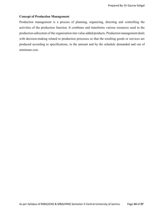 Prepared By: Dr Gaurav Sehgal
As per Syllabus of MBA(SCM) & MBA(HRM) Semester-II Central University of Jammu Page 14 of 27
Concept of Production Management
Production management is a process of planning, organizing, directing and controlling the
activities of the production function. It combines and transforms various resources used in the
production subsystem of the organization into value added products. Production management deals
with decision-making related to production processes so that the resulting goods or services are
produced according to specifications, in the amount and by the schedule demanded and out of
minimum cost.
 