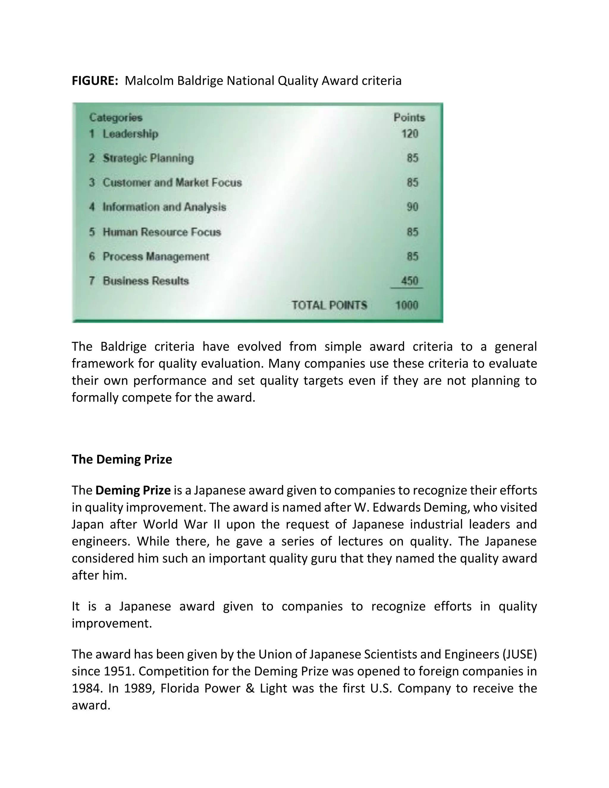 FIGURE: Malcolm Baldrige National Quality Award criteria
The Baldrige criteria have evolved from simple award criteria to a general
framework for quality evaluation. Many companies use these criteria to evaluate
their own performance and set quality targets even if they are not planning to
formally compete for the award.
The Deming Prize
The Deming Prize is a Japanese award given to companies to recognize their efforts
in quality improvement. The award is named after W. Edwards Deming, who visited
Japan after World War II upon the request of Japanese industrial leaders and
engineers. While there, he gave a series of lectures on quality. The Japanese
considered him such an important quality guru that they named the quality award
after him.
It is a Japanese award given to companies to recognize efforts in quality
improvement.
The award has been given by the Union of Japanese Scientists and Engineers (JUSE)
since 1951. Competition for the Deming Prize was opened to foreign companies in
1984. In 1989, Florida Power & Light was the first U.S. Company to receive the
award.
 
