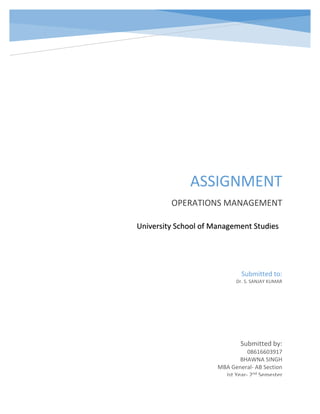ASSIGNMENT
OPERATIONS MANAGEMENT
Submitted by:
08616603917
BHAWNA SINGH
MBA General- AB Section
Ist Year- 2nd Semester
Submitted to:
Dr. S. SANJAY KUMAR
University School of Management Studies
 