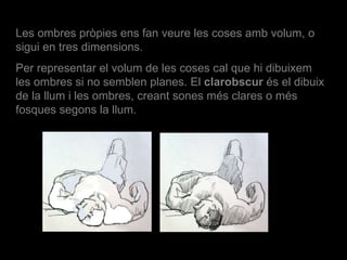 Les ombres pròpies ens fan veure les coses amb volum, o sigui en tres dimensions. Per representar el volum de les coses cal que hi dibuixem les ombres si no semblen planes. El  clarobscur  és el dibuix de la llum i les ombres, creant sones més clares o més fosques segons la llum. 