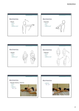 05/04/2014 
2 
Movimentos 
• Flexão 
▫ Plano 
▫ Eixo 
▫ ADM de 180º 
Movimentos 
• Extensão 
▫ Plano 
▫ Eixo 
▫ ADM de 50º 
Movimentos 
• Adução 
▫ Plano 
▫ Eixo 
▫ ADM de 30º 
Movimentos 
• Abdução 
▫ Plano 
▫ Eixo 
▫ ADM de 180º 
Movimentos 
• Rotação Interna / Externa 
▫ Plano 
▫ Eixo 
▫ ADM de: 
 RE = 90º 
Movimentos 
▫ ADM de: 
 RI = 90º 
 