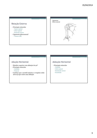 05/04/2014 
9 
Rotação Externa 
• Principais músculos 
▫ Supra espinal 
▫ Infra espinal 
▫ Redondo menor 
• Ligamento glenoumeral 
▫ Tensos à RE 
Ligamento 
Gleno-umeral 
Adução Horizontal 
• Membro superior com abdução de 90º 
• Principais músculos 
▫ Deltóide 
▫ Peitoral 
• Lembrar que o serrátil anterior e o trapézio estão 
ativos já que existe uma abdução 
Abdução Horizontal 
• Principais músculos 
▫ Deltóide 
▫ Infra espinal 
▫ Rendondomenor 
▫ Rombóide 
