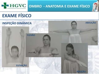 OMBRO - ANATOMIA E EXAME FÍSICO
EXAME FÍSICO
INSPEÇÃO DINÂMICA ABDUÇÃO
ELEVAÇÃO
FLEXÃO
ADUÇÃO
 