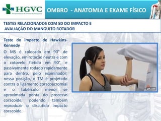 OMBRO - ANATOMIA E EXAME FÍSICO
Teste do impacto de Hawkins-
Kennedy
O MS é colocado em 90° de
elevação, em rotação neutra e com
o cotovelo fletido em 90°, e
passivamente rodado rapidamente
para dentro, pelo examinador;
nessa posição, o TM é projetado
contra o ligamento coracoacromial
e o tubérculo menor se
aproximada ponta do processo
coracoide, podendo também
reproduzir o discutido impacto
coracoide.
TESTES RELACIONADOS COM SD DO IMPACTO E
AVALIAÇÃO DO MANGUITO ROTADOR
 