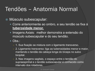Tendões – Anatomia Normal
 Músculo subescapular:
 Corre anteriormente ao ombro, e seu tendão se fixa à
tuberosidade menor.
 Imagens Axiais: melhor demonstra a extensão do
músculo subescapular e do seu tendão.
 Obs.:
○ 1. Sua fixação se mistura com o ligamento transverso.
○ 2. Ligamento transverso: liga as tuberosidades menor e maior,
mantendo o tendão da cabeça longa do bíceps no sulco
bicipital.
○ 3. Nas imagens sagitais, o espaço entre o tendão do
supraespinhal e o tendão subescapular é conhecido como
intervalo dos rotadores.
Dr. Emanuel R. Dantas
 