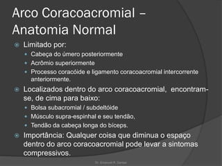 Arco Coracoacromial –
Anatomia Normal
 Limitado por:
 Cabeça do úmero posteriormente
 Acrômio superiormente
 Processo coracóide e ligamento coracoacromial intercorrente
anteriormente.
 Localizados dentro do arco coracoacromial, encontram-
se, de cima para baixo:
 Bolsa subacromial / subdeltóide
 Músculo supra-espinhal e seu tendão,
 Tendão da cabeça longa do bíceps.
 Importância: Qualquer coisa que diminua o espaço
dentro do arco coracoacromial pode levar a sintomas
compressivos.
Dr. Emanuel R. Dantas
 