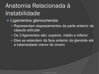 Anatomia Relacionada à
Instabilidade
 Ligamentos glenoumerais:
 Representam espessamentos da parte anterior da
cápsula articular.
 Os 3 ligamentos são: superior, médio e inferior
 Eles se estendem da face anterior da glenóide até
a tuberosidade menor do úmero.
Dr. Emanuel R. Dantas
 