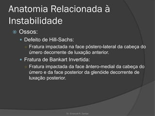 Anatomia Relacionada à
Instabilidade
 Ossos:
 Defeito de Hill-Sachs:
○ Fratura impactada na face póstero-lateral da cabeça do
úmero decorrente de luxação anterior.
 Fratura de Bankart Invertida:
○ Fratura impactada da face ântero-medial da cabeça do
úmero e da face posterior da glenóide decorrente de
luxação posterior.
Dr. Emanuel R. Dantas
 