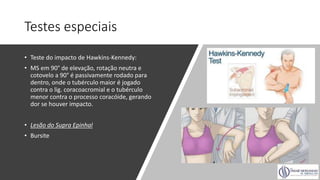 Testes especiais
• Teste do impacto de Hawkins-Kennedy:
• MS em 90° de elevação, rotação neutra e
cotovelo a 90° é passivamente rodado para
dentro, onde o tubérculo maior é jogado
contra o lig. coracoacromial e o tubérculo
menor contra o processo coracóide, gerando
dor se houver impacto.
• Lesão do Supra Epinhal
• Bursite
 