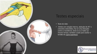 Testes especiais
• Teste de Jobe
• Ombro em rotação interna, abdução de 45° e
cotovelos extendidos, faz-se uma elevação
contra a resistência, testa-se os 2 lados ao
mesmo tempo, também usado para avaliar o
tendão do supra espinhoso.
 