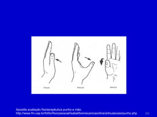 Apostila avaliação fisioterapêutica punho e mão.  http://www.fm.usp.br/fofito/fisio/pessoal/isabel/biomecanicaonline/articulacoes/punho.php 