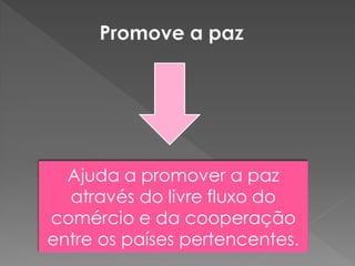 Ajuda a promover a paz
através do livre fluxo do
comércio e da cooperação
entre os países pertencentes.
 