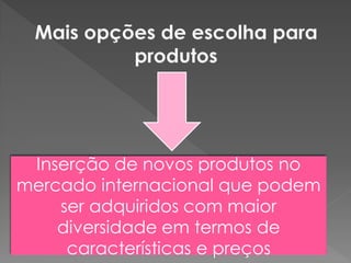 Inserção de novos produtos no
mercado internacional que podem
ser adquiridos com maior
diversidade em termos de
características e preços
 