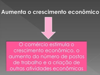 O comércio estimula o
crescimento econômico, o
aumento do número de postos
de trabalho e a criação de
outras atividades econômicas
 