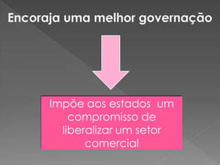 Impõe aos estados um
compromisso de
liberalizar um setor
comercial
 