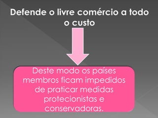 Deste modo os países
membros ficam impedidos
de praticar medidas
protecionistas e
conservadoras.
 