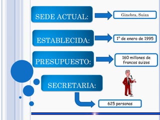 SEDE ACTUAL: Ginebra, Suiza
ESTABLECIDA: 1° de enero de 1995
PRESUPUESTO:
160 millones de
francos suizos
SECRETARIA:
625 personas
 