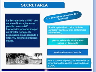 SECRETARIA
La Secretaría de la OMC, con
sede en Ginebra, tiene una
plantilla de unos 600
funcionarios, encabezada por
un Director General. Su
presupuesto anual asciende a
unos 160 millones de francos
suizos.
Brindar apoyo técnico a los distintos
consejos y comités y a las conferencias
ministeriales,,
prestar asistencia técnica a los
países en desarrollo
analizar el comercio mundial
y dar a conocer al público y a los medios de
comunicación los asuntos relacionados con
la OMC
 