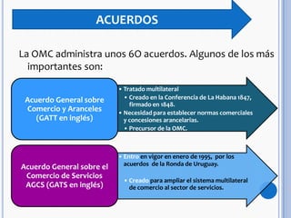 La OMC administra unos 6O acuerdos. Algunos de los más
importantes son:
ACUERDOS
• Tratado multilateral
• Creado en la Conferencia de La Habana 1847,
firmado en 1848.
• Necesidad para establecer normas comerciales
y concesiones arancelarias.
• Precursor de la OMC.
Acuerdo General sobre
Comercio y Aranceles
(GATT en inglés)
• Entro en vigor en enero de 1995, por los
acuerdos de la Ronda de Uruguay.
• Creado para ampliar el sistema multilateral
de comercio al sector de servicios.
Acuerdo General sobre el
Comercio de Servicios
AGCS (GATS en inglés)
 