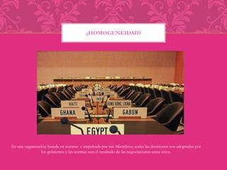 ¿HOMOGENEIDAD? 
Es una organización basada en normas e impulsada por sus Miembros, todas las decisiones son adoptadas por 
los gobiernos y las normas son el resultado de las negociaciones entre éstos. 
 