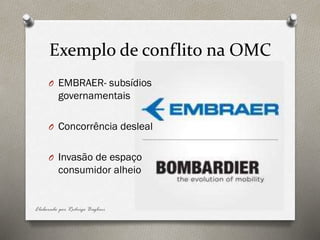 Exemplo de conflito na OMC
O EMBRAER- subsídios
governamentais
O Concorrência desleal
O Invasão de espaço
consumidor alheio
Elaborado por Rodrigo Baglini
 