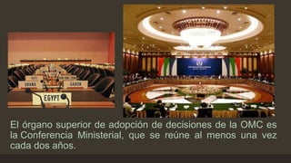 El órgano superior de adopción de decisiones de la OMC es 
la Conferencia Ministerial, que se reúne al menos una vez 
cada dos años. 
 