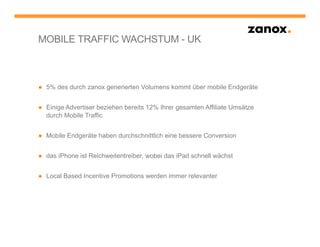 MOBILE TRAFFIC WACHSTUM - UK



● 5% des durch zanox generierten Volumens kommt über mobile Endgeräte


● Einige Advertiser beziehen bereits 12% Ihrer gesamten Affiliate Umsätze
  durch Mobile Traffic


● Mobile Endgeräte haben durchschnittlich eine bessere Conversion


● das iPhone ist Reichweitentreiber, wobei das iPad schnell wächst


● Local Based Incentive Promotions werden immer relevanter
 