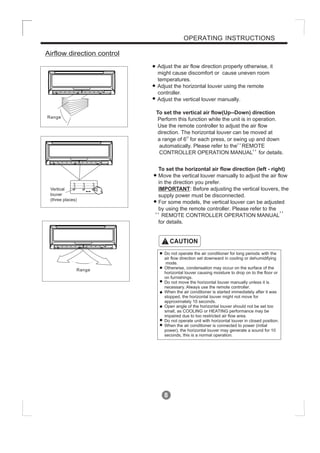 8
OPERATING INSTRUCTIONS
Airflow direction control
Range
Range
Vertical
louver
(three places)
Adjust the air flow direction properly otherwise, it
might cause discomfort or cause uneven room
temperatures.
Adjust the horizontal louver using the remote
controller.
Adjust the vertical louver manually.
To set the vertical air flow(Up--Down) direction
Perform this function while the unit is in operation.
Use the remote controller to adjust the air flow
direction. The horizontal louver can be moved at
O
a range of 6 for each press, or swing up and down
automatically. Please refer to the REMOTE
CONTROLLER OPERATION MANUAL for details.
To set the horizontal air flow direction (left - right)
Move the vertical louver manually to adjust the air flow
in the direction you prefer.
IMPORTANT: Before adjusting the vertical louvers, the
supply power must be disconnected.
For some models, the vertical louver can be adjusted
by using the remote controller. Please refer to the
REMOTE CONTROLLER OPERATION MANUAL
for details.
Do not operate the air conditioner for long periods the
air flow direction set downward in cooling or dehumidifying
mode.
Otherwise, condensation may occur on the surface of the
horizontal louver causing moisture to drop on to the floor or
on furnishings.
Do not move the horizontal louver manually unless it is
necessary. Always use the remote controller.
When the air conditioner is started immediately after it was
stopped, the horizontal louver might not move for
approximately 10 seconds.
Open angle of the horizontal louver should not be set too
small, as COOLING or HEATING performance may be
impaired due to too restricted air flow area.
Do not operate unit with horizontal louver in closed position.
When the air conditioner is connected to power (initial
power), the horizontal louver may generate a sound for 10
seconds, this is a normal operation.
with
CAUTION!
,,
,,
,,
,,
 