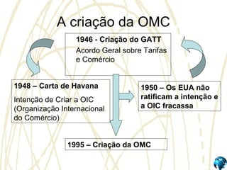 A criação da OMC
1946 - Criação do GATT
Acordo Geral sobre Tarifas
e Comércio
1995 – Criação da OMC
1948 – Carta de Havana
Intenção de Criar a OIC
(Organização Internacional
do Comércio)
1950 – Os EUA não
ratificam a intenção e
a OIC fracassa
 