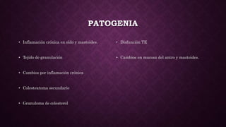 PATOGENIA
• Inflamación crónica en oído y mastoides.
• Tejido de granulación
• Cambios por inflamación crónica
• Colesteatoma secundario
• Granuloma de colesterol
• Disfunción TE
• Cambios en mucosa del antro y mastoides.
 